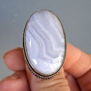 New Blue Lace Agate 925 Silver Statement Ring.